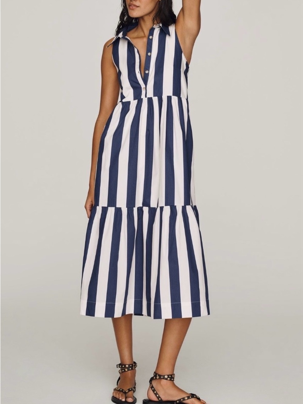 Maeve Bettina Navy and White Vertical Stripe Sleeveless Tiered Dress